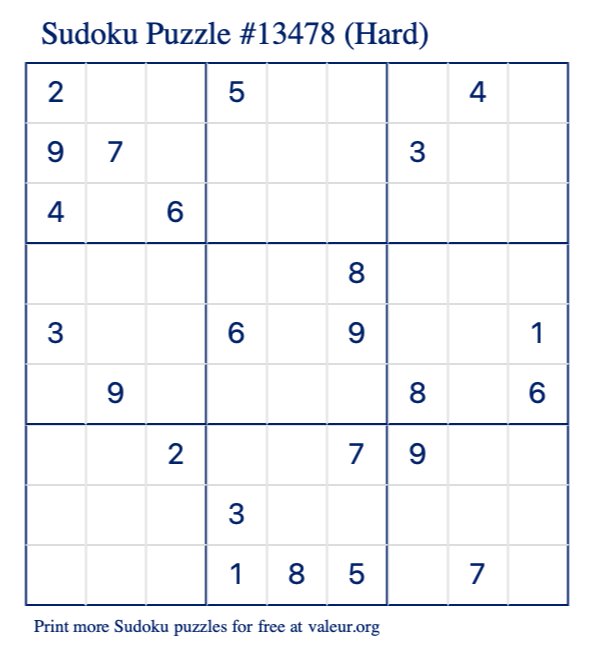 Free Printable Hard Sudoku Puzzle number 13478