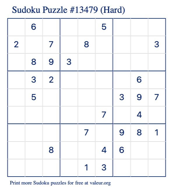 Free Printable Hard Sudoku Puzzle number 13479