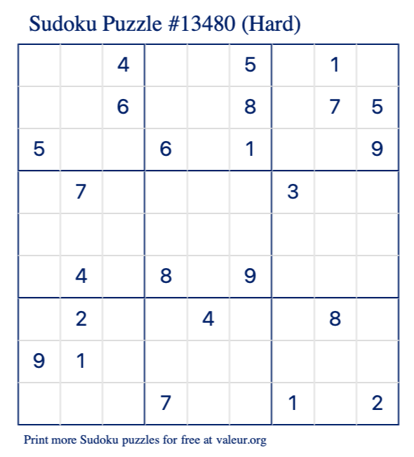 Free Printable Hard Sudoku Puzzle number 13480