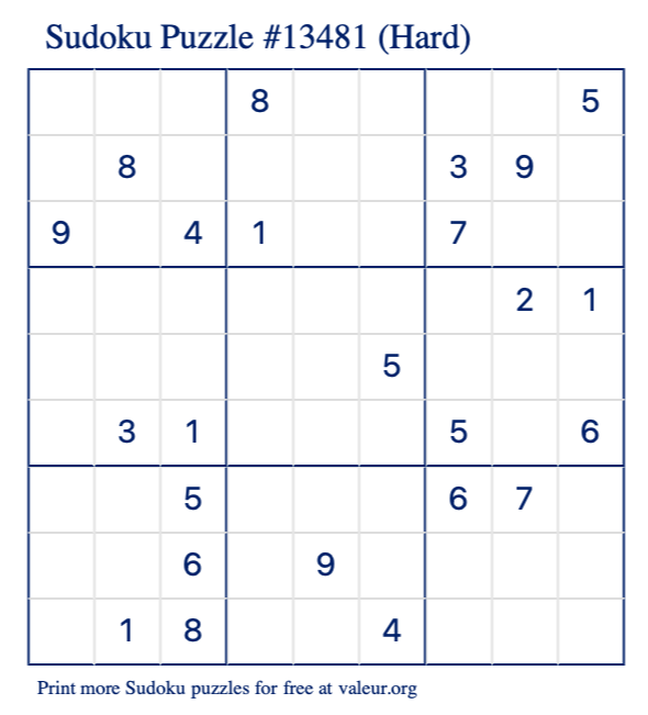 Free Printable Hard Sudoku Puzzle number 13481