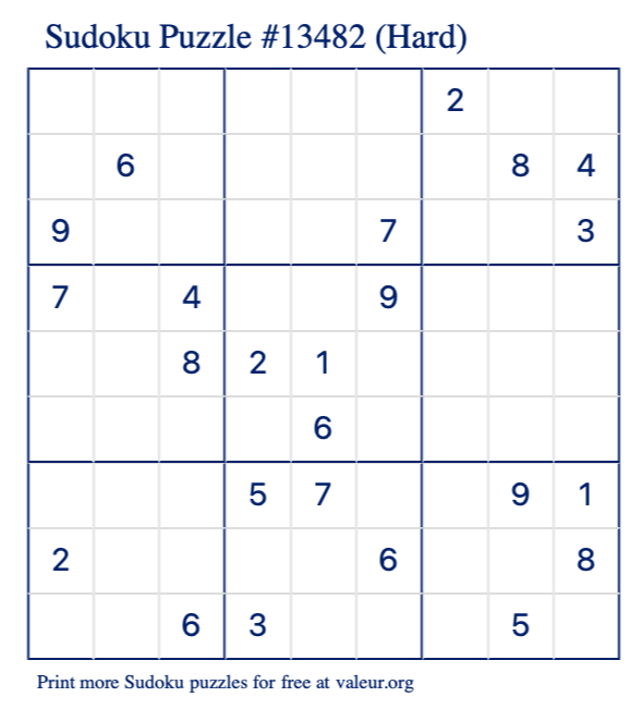 Free Printable Hard Sudoku Puzzle number 13482