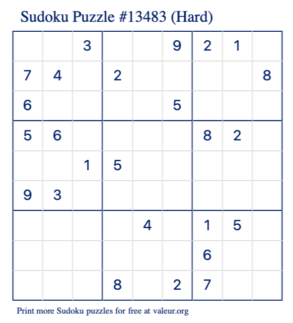 Free Printable Hard Sudoku Puzzle number 13483