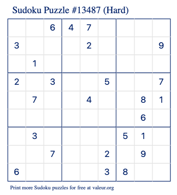 Free Printable Hard Sudoku Puzzle number 13487