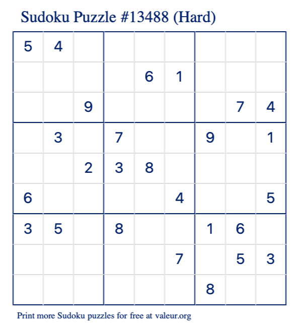 Free Printable Hard Sudoku Puzzle number 13488