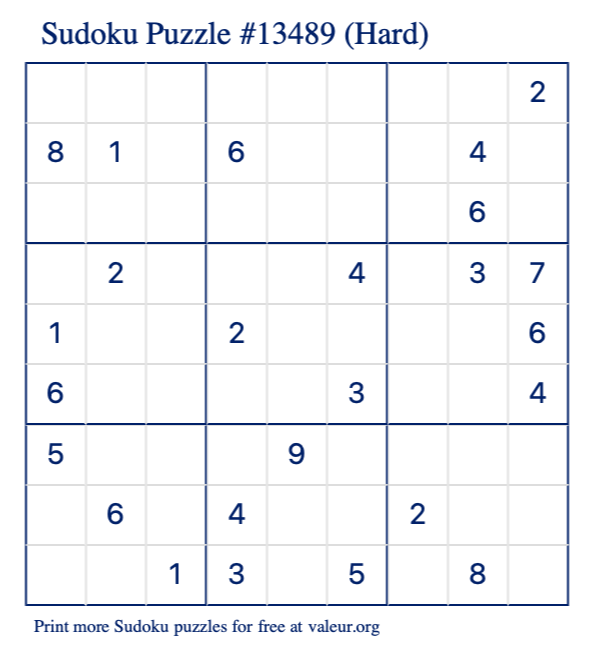 Free Printable Hard Sudoku Puzzle number 13489