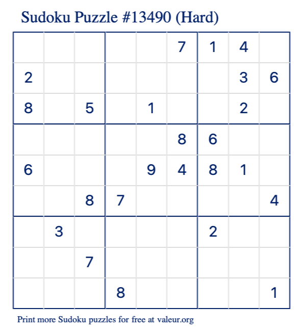 Free Printable Hard Sudoku Puzzle number 13490