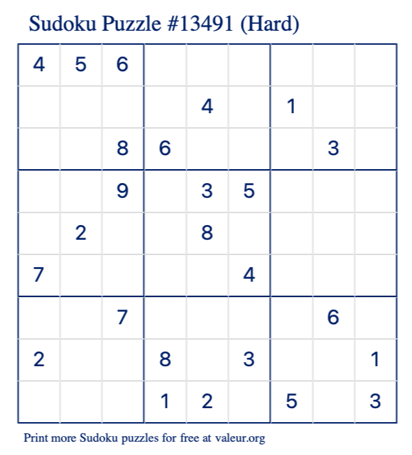 Free Printable Hard Sudoku Puzzle number 13491