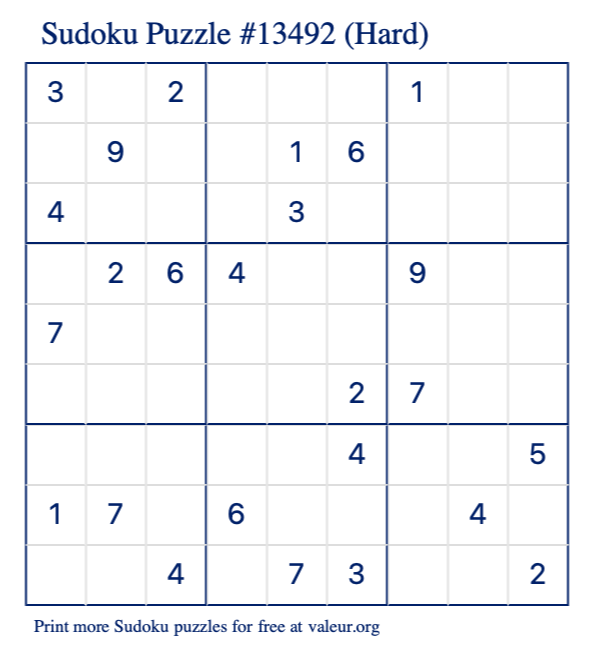 Free Printable Hard Sudoku Puzzle number 13492