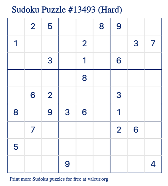 Free Printable Hard Sudoku Puzzle number 13493