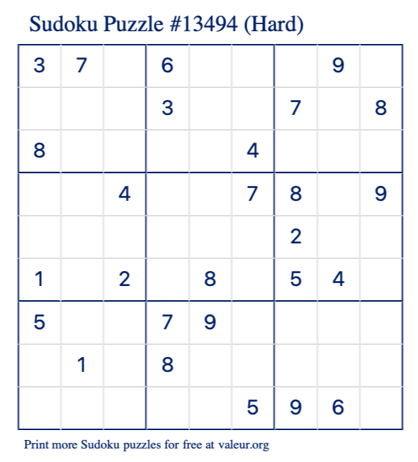 Free Printable Hard Sudoku Puzzle number 13494