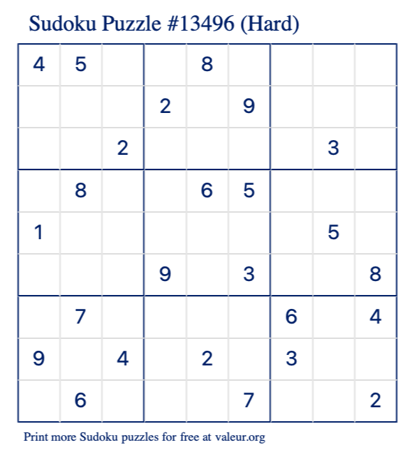 Free Printable Hard Sudoku Puzzle number 13496