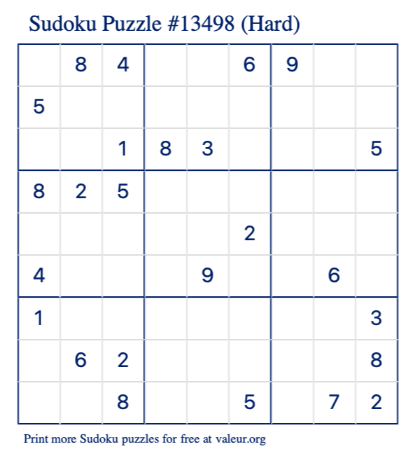 Free Printable Hard Sudoku Puzzle number 13498