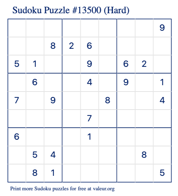 Free Printable Hard Sudoku Puzzle number 13500