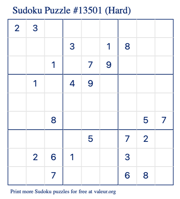 Free Printable Hard Sudoku Puzzle number 13501