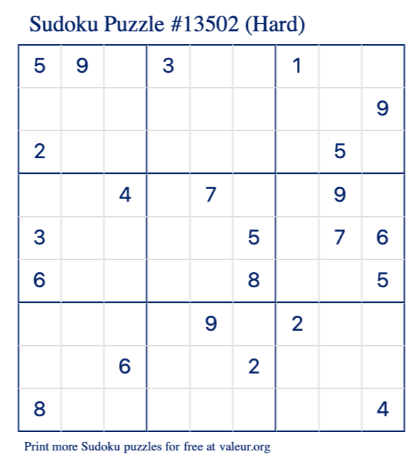Free Printable Hard Sudoku Puzzle number 13502