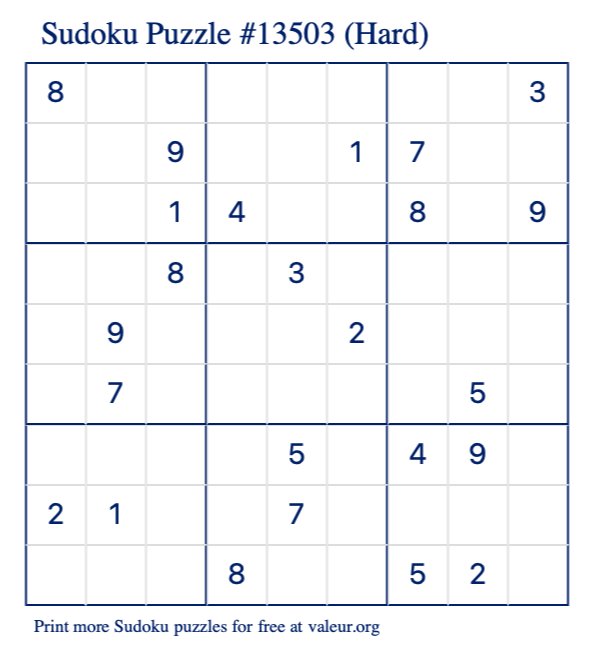 Free Printable Hard Sudoku Puzzle number 13503