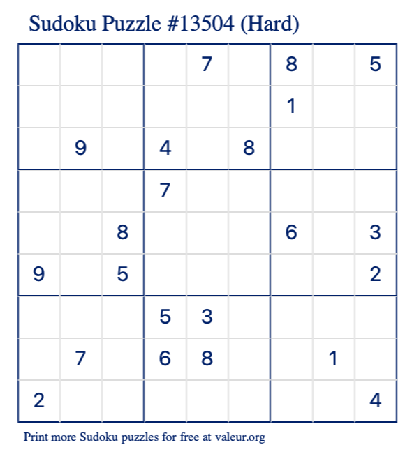 Free Printable Hard Sudoku Puzzle number 13504