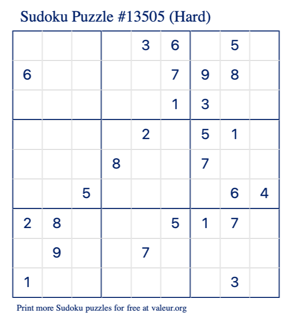 Free Printable Hard Sudoku Puzzle number 13505