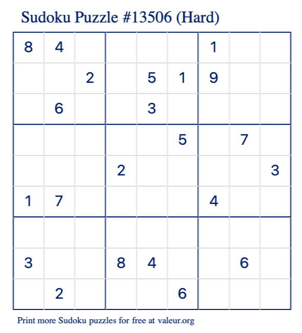 Free Printable Hard Sudoku Puzzle number 13506
