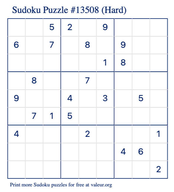 Free Printable Hard Sudoku Puzzle number 13508