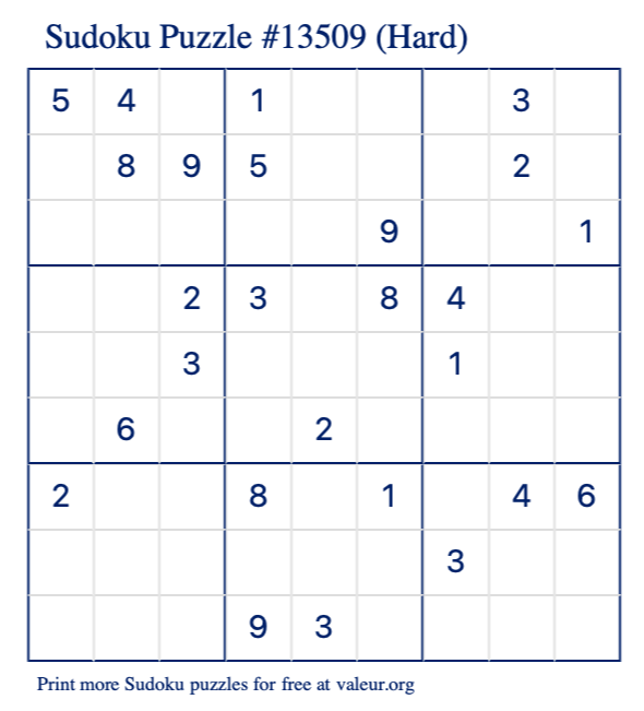 Free Printable Hard Sudoku Puzzle number 13509