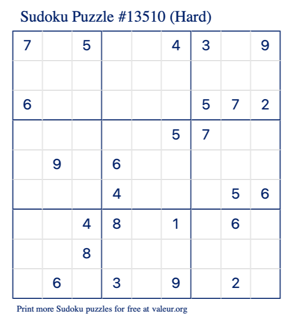 Free Printable Hard Sudoku Puzzle number 13510