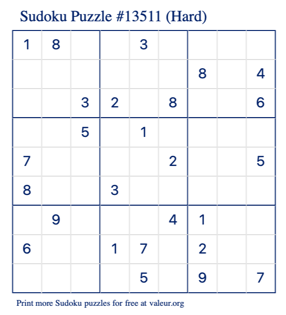 Free Printable Hard Sudoku Puzzle number 13511
