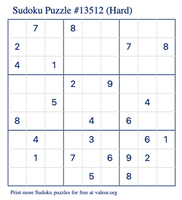 Free Printable Hard Sudoku Puzzle number 13512