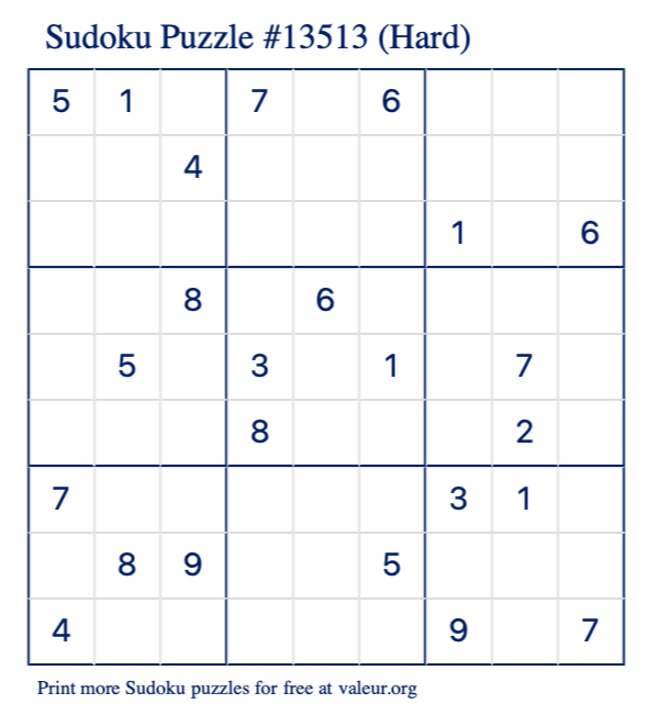 Free Printable Hard Sudoku Puzzle number 13513