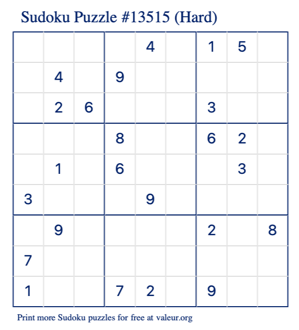 Free Printable Hard Sudoku Puzzle number 13515