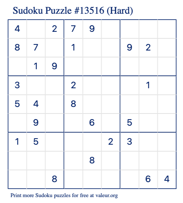 Free Printable Hard Sudoku Puzzle number 13516
