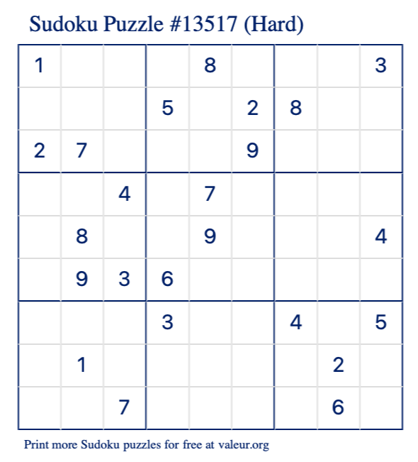 Free Printable Hard Sudoku Puzzle number 13517