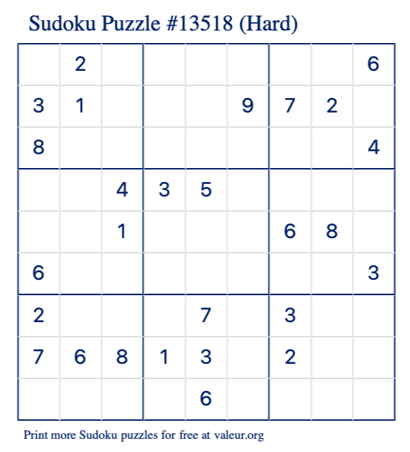 Free Printable Hard Sudoku Puzzle number 13518