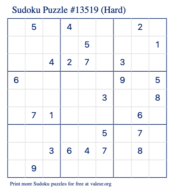 Free Printable Hard Sudoku Puzzle number 13519