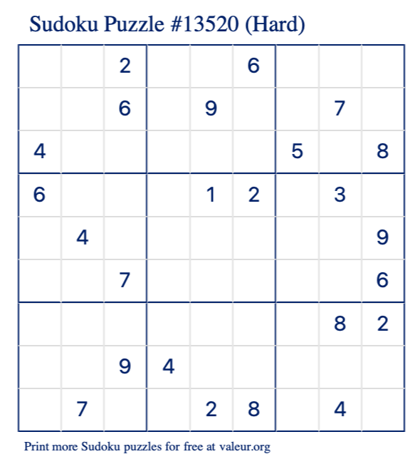 Free Printable Hard Sudoku Puzzle number 13520