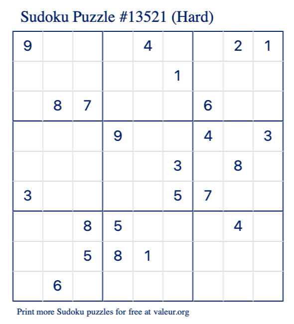 Free Printable Hard Sudoku Puzzle number 13521