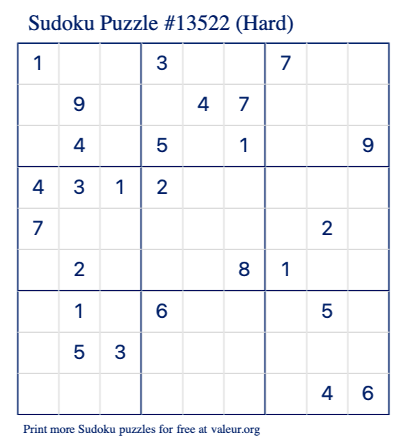 Free Printable Hard Sudoku Puzzle number 13522