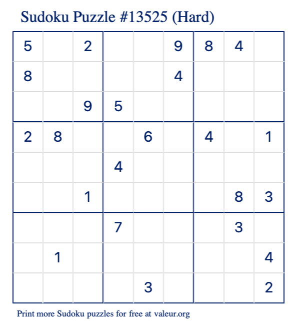Free Printable Hard Sudoku Puzzle number 13525