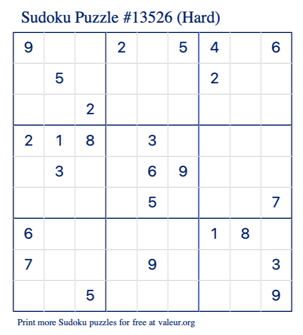 Free Printable Hard Sudoku Puzzle number 13526