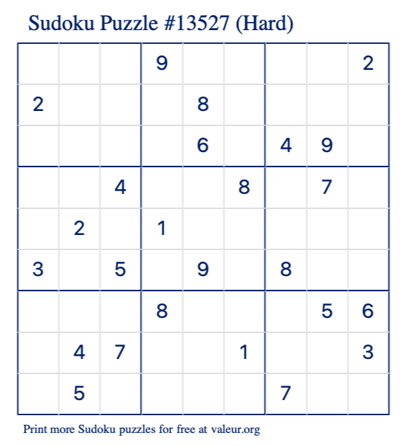 Free Printable Hard Sudoku Puzzle number 13527