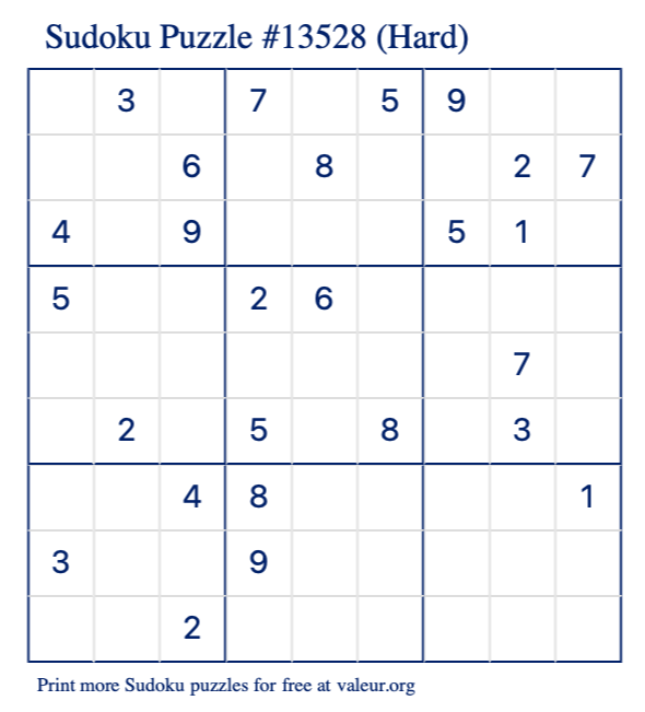 Free Printable Hard Sudoku Puzzle number 13528