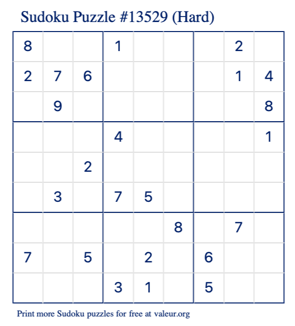 Free Printable Hard Sudoku Puzzle number 13529