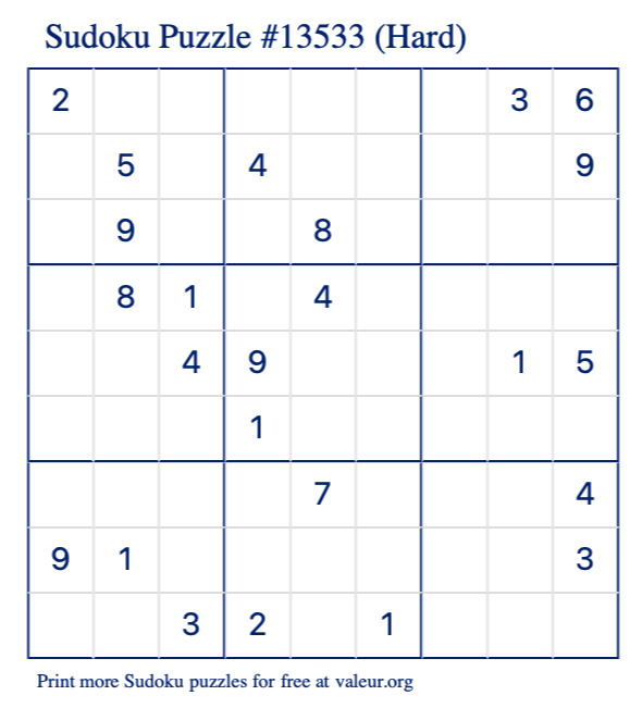 Free Printable Hard Sudoku Puzzle number 13533