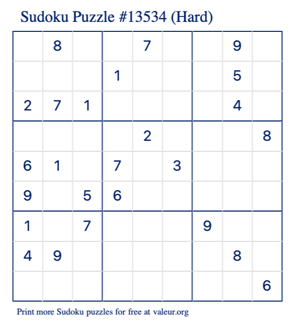 Free Printable Hard Sudoku Puzzle number 13534