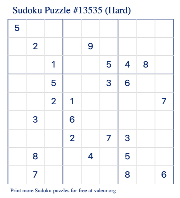 Free Printable Hard Sudoku Puzzle number 13535