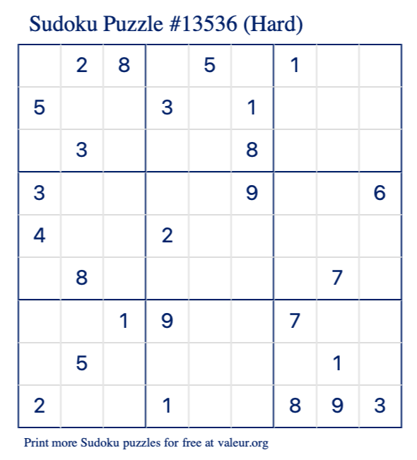 Free Printable Hard Sudoku Puzzle number 13536