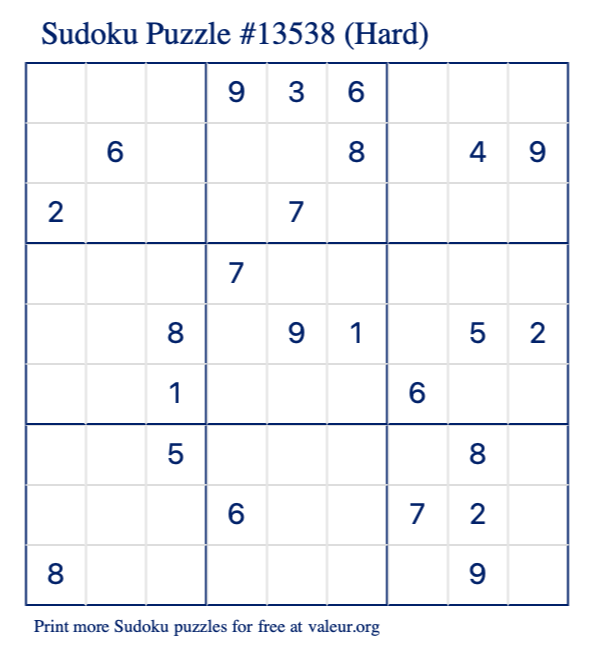 Free Printable Hard Sudoku Puzzle number 13538
