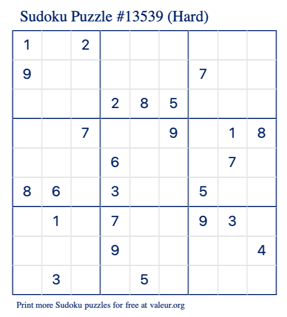 Free Printable Hard Sudoku Puzzle number 13539