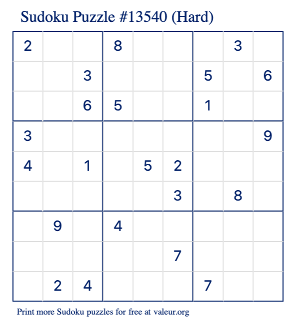 Free Printable Hard Sudoku Puzzle number 13540