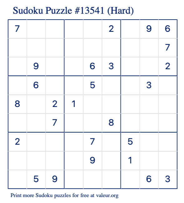 Free Printable Hard Sudoku Puzzle number 13541